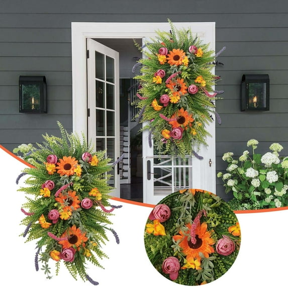 Spring Front Door Swag - 22.8 Inch Artificial Lavender Wreath with Colorful Flowers, Rustic Farmhouse Decor for Indoor Outdoor Porch, Window, and Wedding