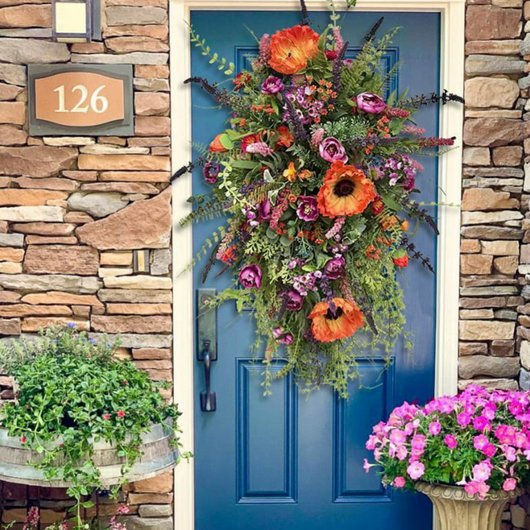 Spring Front Door Swag, Purple Rustic Home Decor, Farmhouse Colorful Cottage Wreath, Spring Wreaths for Front Door, Durable and Stable Artificial