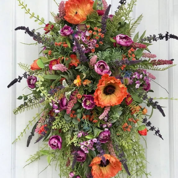 Spring Front Door Swag,Rustic Floral Wreaths Home Decor,Farmhouse Colorful Cottage Wreath,Summer Wreaths for Front Door,Artificial Flowers Door Wreaths MailBox Outdoor Decoration