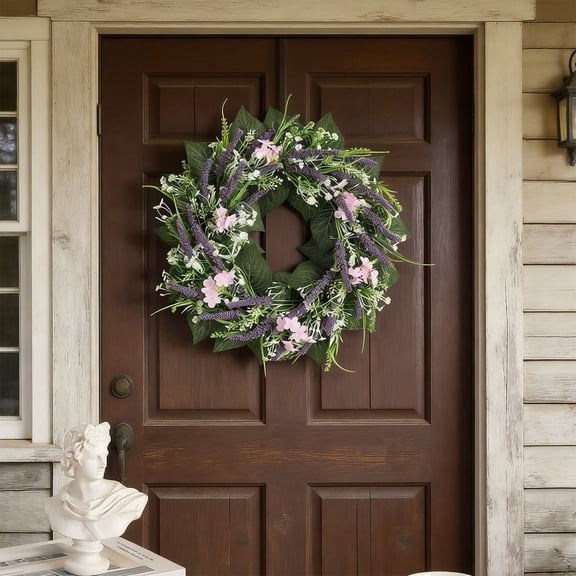 Spring Front Door Wreath, 3D Thickened Floral Crown with Vibrant Tulip and Greenery, Adjustable Branch Structure Wreath, All Season Hanging Ornament for Outdoor Porch Decoration