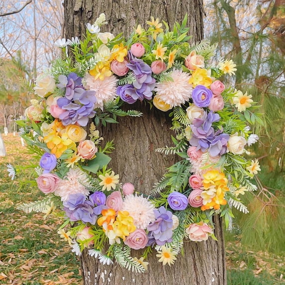 Spring Front Door Wreath, Handmade Flower Garland with Tulips, Leaves, and Ferns for Outdoor Porch Decoration, 1 Piece