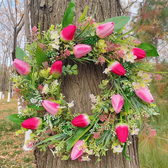 Spring Front Door Wreath with Tulips, Leaves| Outdoor/Indoor Hanging Flower Garland for Porch, Wedding & Home Decor