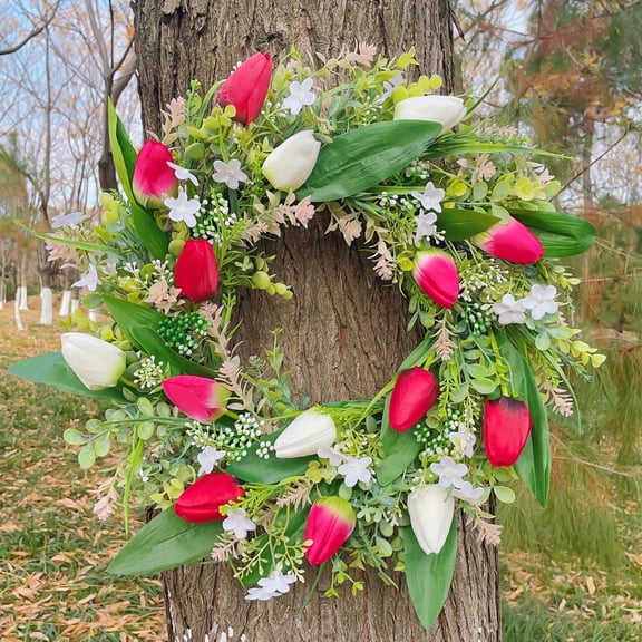 Spring Front Door Wreath with Tulips & Money Plants | Outdoor Flower Garland for Porch Decoration | Includes 1 Wreath