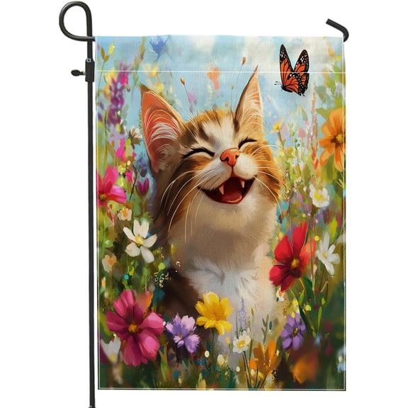 Spring Fun Cat Garden Flags 12x18 Inch Double Sided for Outside, Flower Cartoon Smile Standard Vertical Canvas House Flags, Animal Front Yard Backyard Lawn Flags