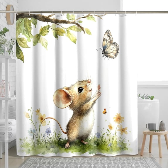 Spring Fun Mouse Shower Curtain, Watercolor Leaves Cartoon Animal ...