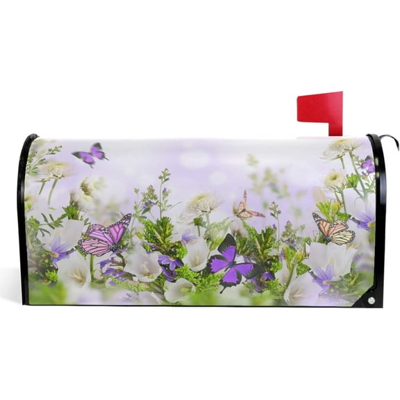 Spring Garden Butterfly Mailbox Cover Fancy Summer Flowers Mailbox Covers Magnetic Mailbox Wraps Post Letter Box Cover Home Decorations Large Size 25.5" X 21"