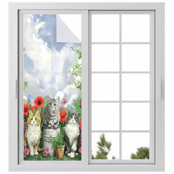 Spring Garden Cats Window Privacy Film, Farmhouse Animals Floral Botanical Static Cling UV Sun Blocking Heat Control Window Tint Day and Night, Non-Adhesive One Way Windows Privacy Cover 23.6''x59''