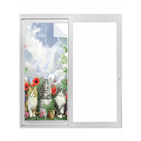 Spring Garden Cats Window Privacy Film, Farmhouse Animals Floral Botanical Static Cling UV Sun Blocking Tint Film Heat Control Windows Films for Bedroom Bathroom, Window Stickers 17.7"x39.3"
