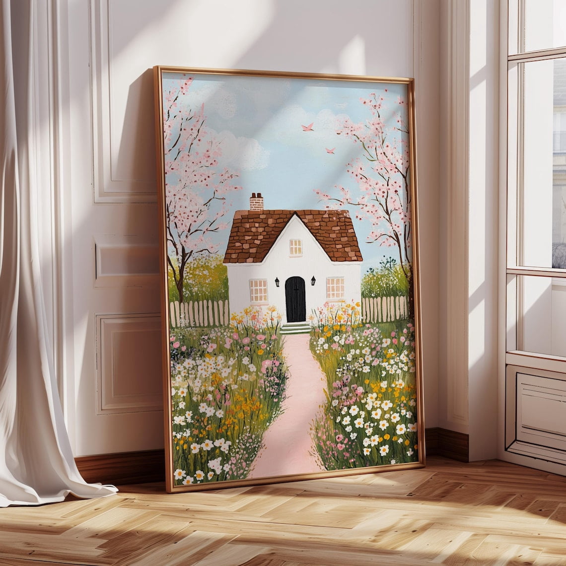 Curated visual reference: Spring Garden Wall Art Reference: Spring Garden Cottage With Wildflowers Pink Blossom Tree Wall Art