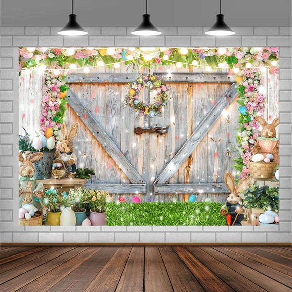 Spring Garden Easter Backdrop,Rustic Wooden Door Background,Easter Bunny Colored Eggs Backdrop,Granary Wood Wall Flowers Grass Children Easter Party Decoration Backdrop 6X4FT