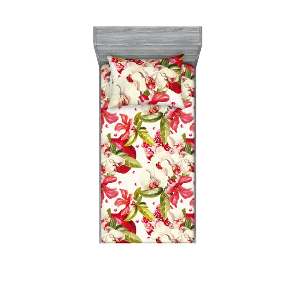 Spring Garden Fitted Sheet & Pillow Sham Set, Botanical Watercolor Pomegranates and Orchid Flowers Vintage Art, Decorative Printed 2 Piece Bedding Decor, Twinxl, Dark Pink Reseda Green, by Ambesonne