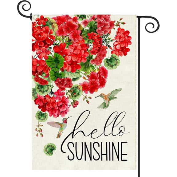 Spring Garden Flag 12.5 x 18 Inch, Red Geranium Floral Double Sided Burlap Welcome Small Yard Flag Seasonal Holiday Lawn Proch Outdoor Outside Decor
