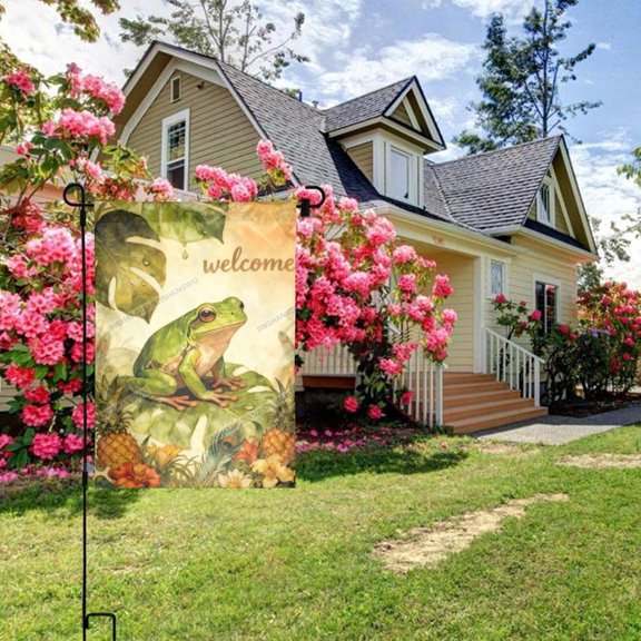 Spring Garden Flag 12 X 18 Inch Double Sided Green Frog Monstera Leaf Pineapple Peacock Feather Flowers Welcome Summer Seasonal Welcome Yard Outdoor Flag Holiday Gifts