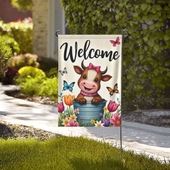 Spring Garden Flag 12 X 18 Inch Double Sided Highland Cow Colorful Flowers Butterfly Summer Seasonal Welcome Yard Outdoor Flag Holiday Gifts