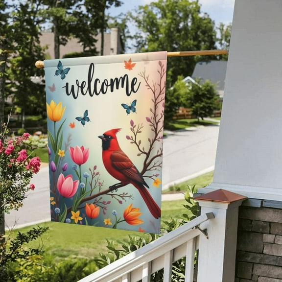 Spring Garden Flag 12X18 Inch Double Sided Cardinal Red Bird Butterfly Flowers Flower Yard Outdoor Flag House Holiday Outside Decoration