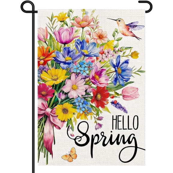 Spring Garden Flag 12x18 Inch, Colorful Wildflowers and Hummingbird, Double Sided Burlap Yard Flag for Outdoor Porch Lawn Welcome Decor