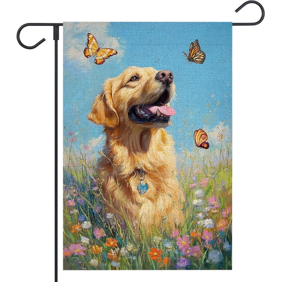 Spring Garden Flag 12x18 Inch Double Sided Dog Butterfly Wildflower Outside Summer Seasonal Farmhouse Yard Flag Outdoor Decoration