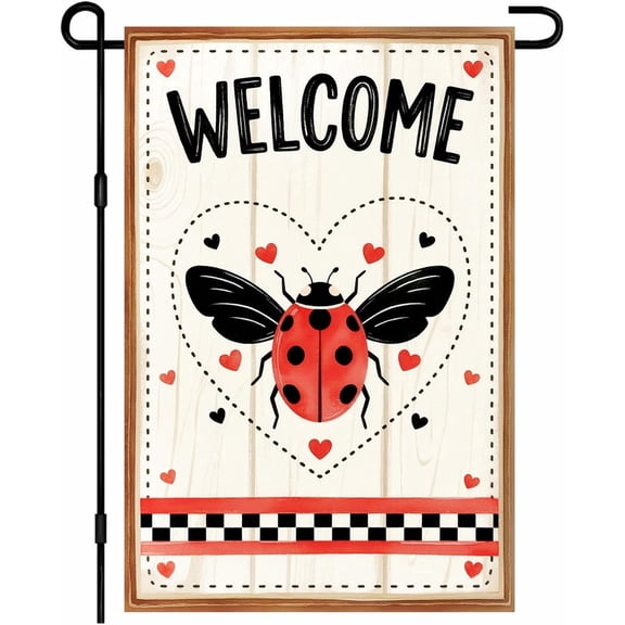 Spring Garden Flag 12x18 Inch Double Sided Ladybug Heart Check Plaid Welcome Outdoor Yard Flag for Front Door Lawn Porch Patio