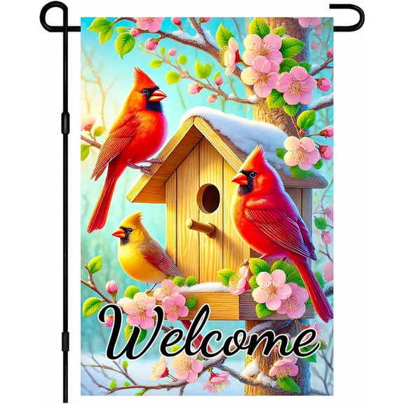Spring Garden Flag 12x18 Inch Double Sided Welcome Yard Flags Cardinals Red Birds Birdhouse Decorative Small Flags Garden Decor for Outside Summer Outdoor Seasonal Front Door Lawn Porch Patio Decor Y