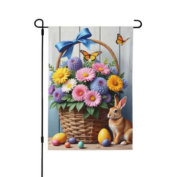 Spring Garden Flag 12x18 Inch Double SidedEaster Rabbit In Basket With Flowers & EggsSeasonal Welcome Yard FlagOutdoor House Decoration For Springtime.