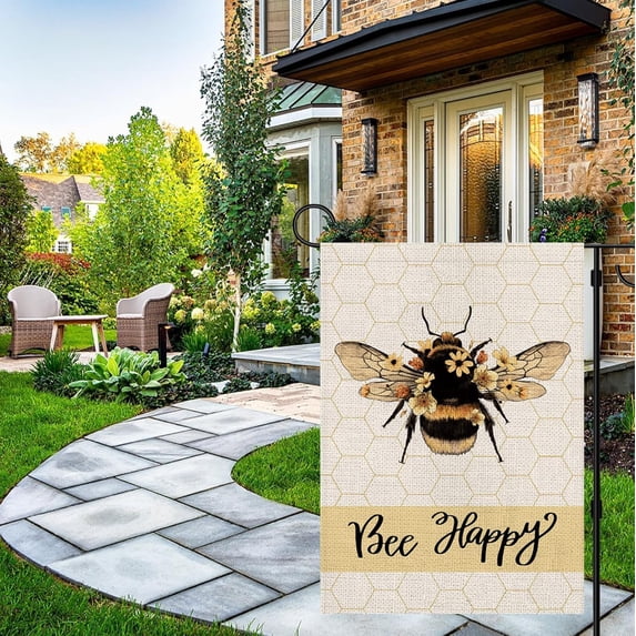 Spring Garden Flag Bee Happy Floral Summer Vertical Double Sided 12.5 x 18 Inch Seasonal Farmhouse Yard Outdoor Decor