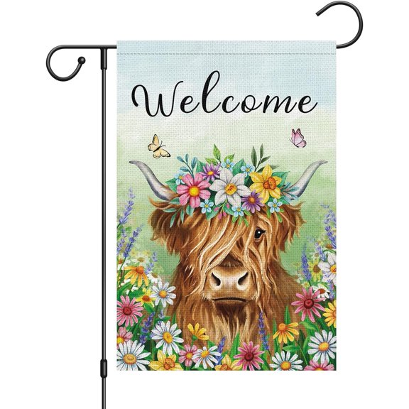 Spring Garden Flag Burlap Double Sided Vertical 12x18 Inch Highland Cow Farmhouse Yard Outdoor Decor