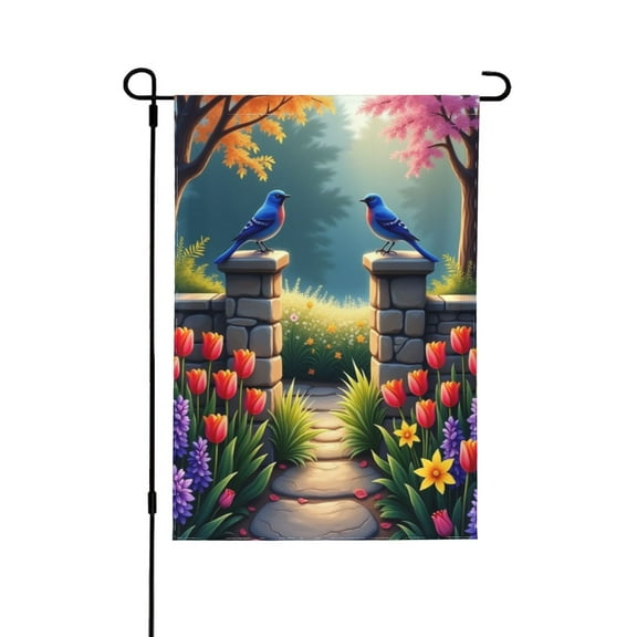 Spring Garden Flag Double Sided Birds Flowers Tulips Pathway Stone Wall 12x18 Inch Outdoor Yard Decor Seasonal Farmhouse Banner