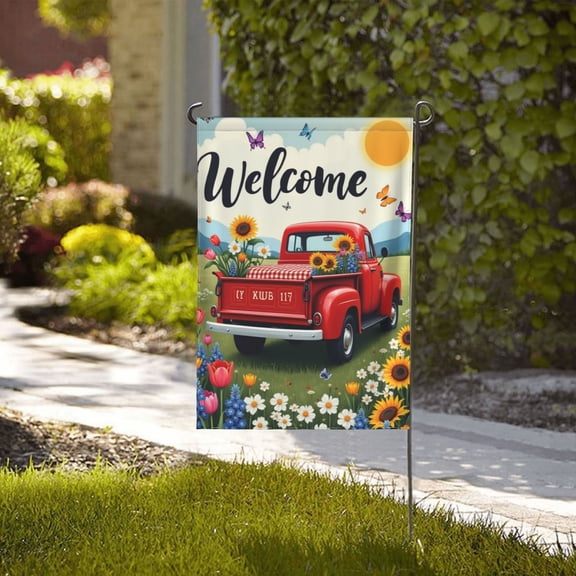 Spring Garden Flag Double Sided Red Truck Daisy Hill Sunflower 12X18 Vertical Double Sided Farmhouse Holiday Outside Decorations Yard Flag Mother'S Day Father'S Day Holiday Friends Gift