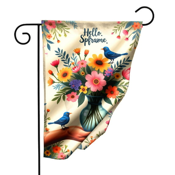 Spring Garden Flag with Floral Bouquet and Blue Birds Hello Spring Text Double Sided Polyester Decorative Yard Flag for Outdoor Patio Lawn Decor 12.5 x 18 Inch Colorful Welcome Flag for Spring Season