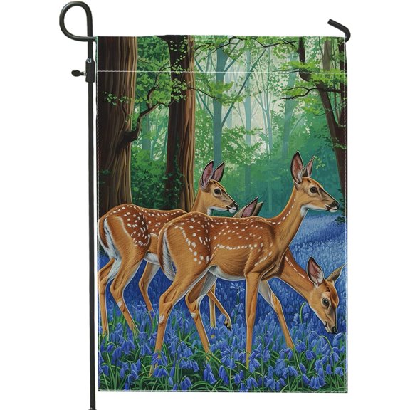 Spring Garden Flag Forest Deer Flower Tree Nature Funny Animal Art Green Purple Linen Wall Sign Party Decoration Yard Patio Outside Lawn Standard Size Premium Garden Flag 12x18 Inch
