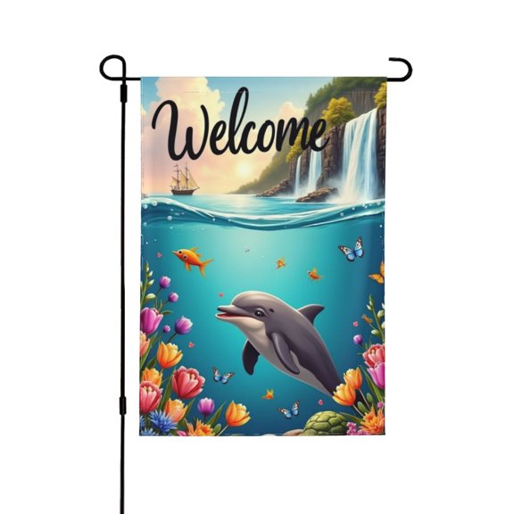 Spring Garden Flag Garden Flag Welcome For Outside A Dolphin And A Turtle In The Ocean With A Waterfall In The Background 12×18 In Double Yard Flag Outdoor Farmhouse Decoration Home Festival