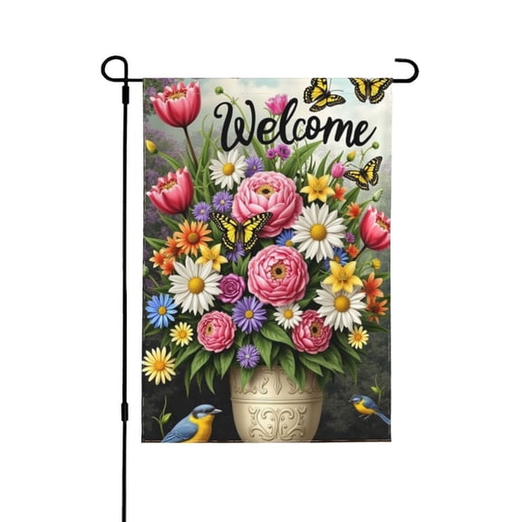 Spring Garden Flag Happy Garden Flag Welcome Spring Yard Garden Flags Colorful Flowers In Flower Pot Butterflies Birds Outside 12X18 Double Sided Outdoor Decorations For Home Festival Farm Gazebo