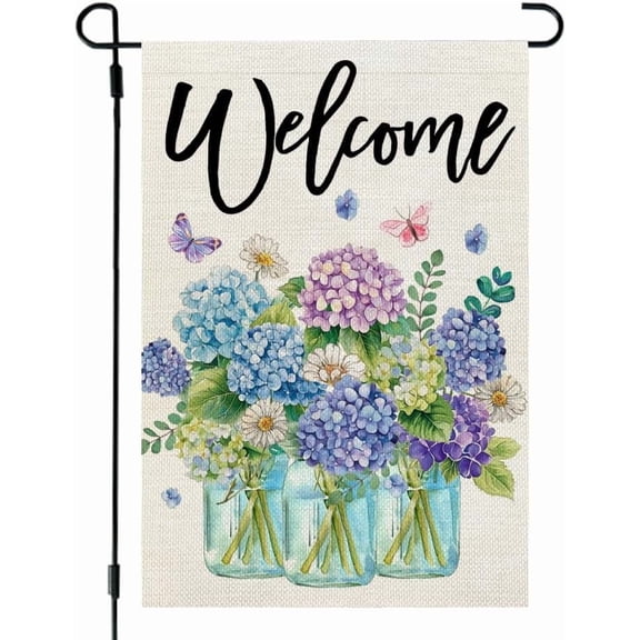 Spring Garden Flag Hydrangea Mason Jars Double Sided 12x18 Inches Small Burlap Welcome Holiday Seasonal Yard Decoration for Outside Porch CF1759-12