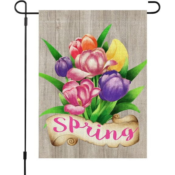 Spring Garden Flag Tulips Floral 12 x 18 Inch Double Sided Small Yard Flag for Farmhouse Holiday Spring Outside Outdoor
