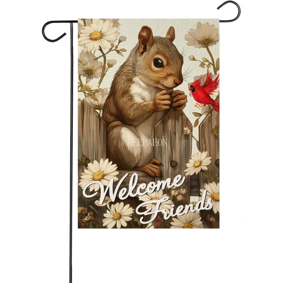 Spring Garden Flag Welcome Friends Double Sided Burlap 12x18 Inch Squirrel and Cardinal Yard Outdoor Decoration