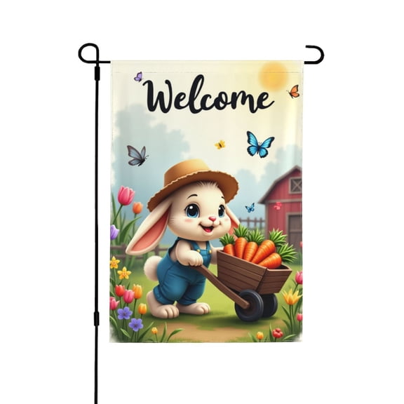 Spring Garden Flag Welcome For Outside Rabbit With Wheelbarrow Full Of Carrots In Farm Scene 1218 In Double Sided Yard Flag House Holiday Outdoor Farmhouse Decoration Gazebo Terrace Father's Day