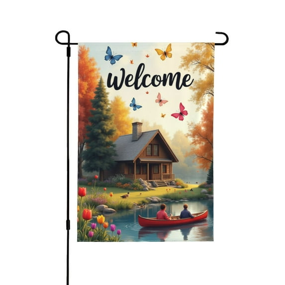 Spring Garden Flag welcome for Outside Autumn Cottage On Lake With Couple In Canoe12×18 In Double Yard Flag Outdoor Farmhouse Decoration Home Festival