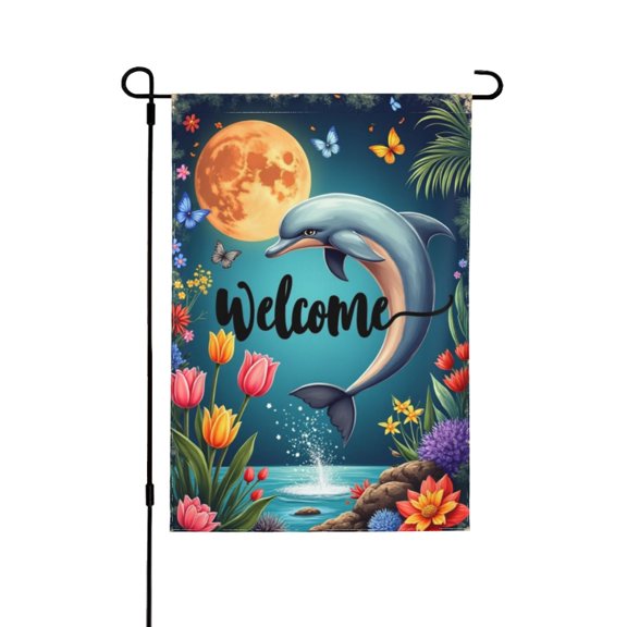 Spring Garden Flag welcome for Outside A Dolphin Jumping Out Of The Water With A Full Moon In The Background.212×18 In Double Yard Flag Outdoor Farmhouse Decoration Home Festival