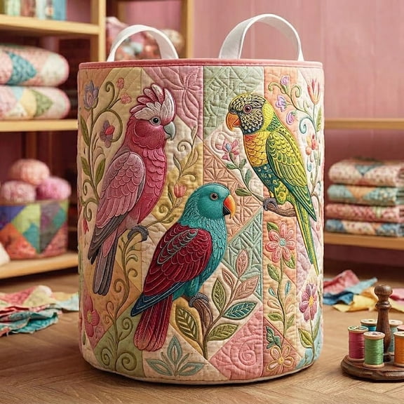 Spring Garden Flight Quilted Laundry Basket: Flowers and Birds Family Quilt Storage Bin, Gift For Mom
