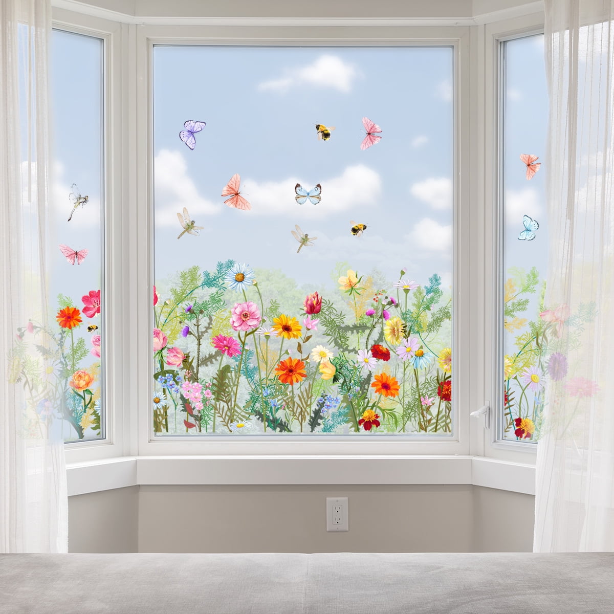 Spring Garden Flower Window Clings, Flower Double Sided Grass Window Decals Glass Window Doors