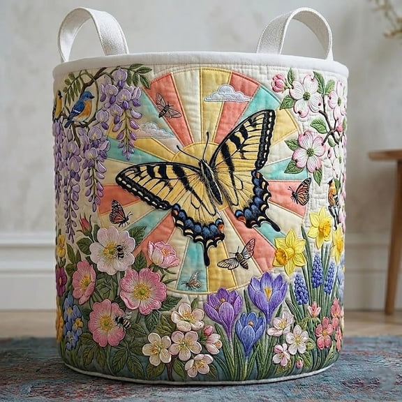 Spring Garden Flowers Quilted Laundry Basket: Wildflower Butterflies Storage Hamper