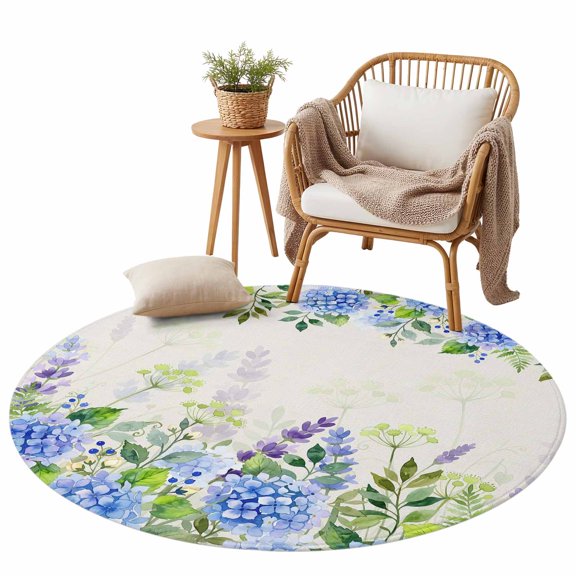 Spring Garden Hydrangea Flower Area Rug for Bedroom Living Room Rug 3ft, Soft Sponge Cushioned Non-Slip Washable Round Rugs, Blue Purple Floral on Linen Round Rugs for Dining Room Office