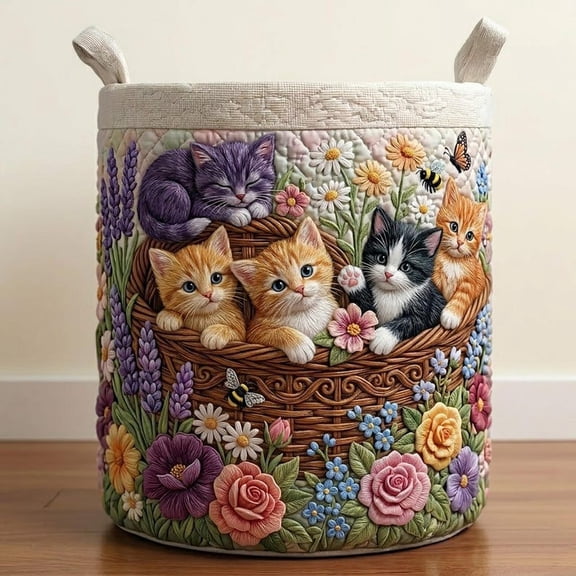 Spring Garden Kittens Quilted Laundry Basket: Floral Cat Storage Hamper