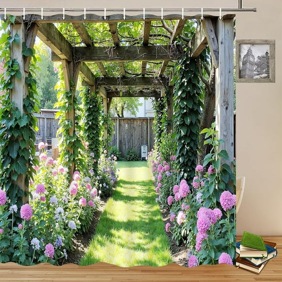 Spring Garden Landscape Shower Curtains Flower Plant Vine Green Leaves Outdoor Scenery Wooden Corridor Grassland Bathroom Decor Hanging Cloth Curtain Set with Hooks-72"W x 78"L (Pack of 1)