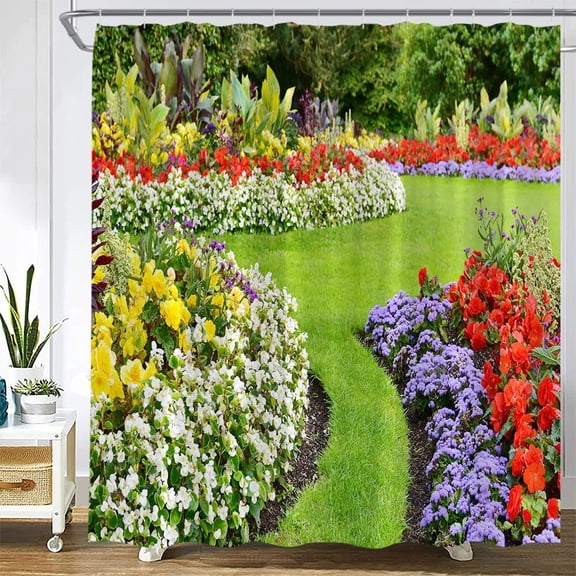 Spring Garden Landscape Shower Curtains Forest Park Flowers Green Plants Rustic Scenery Fabric Bathroom Decor Bath Curtain Sets