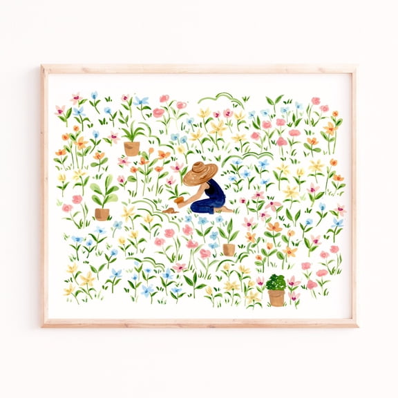 Spring Garden Poster Woman Gardening Among Flowers Poster Art Print Home Decor, Unframed Poster Size 8x12 F03.1.20l584