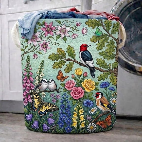 Spring Garden Quilted Laundry Basket: Wild Flowers And Birds Hamper, Family Storage Bin