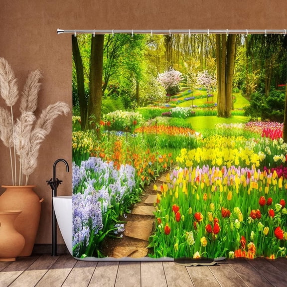 Spring Garden Shower Curtain Colorful Flowers Green Plant Tulip Floral Forest Trees Meadow Farmhouse Natural Country Scenery Bathroom Curtain Polyester Fabric with Hook-72"W x 96"L (Pack of 1)