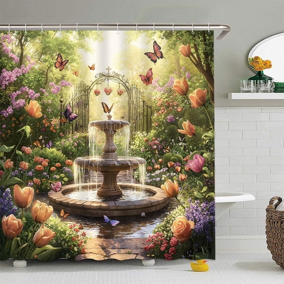 Spring Garden Shower Curtain Forest Flower Butterfly Elegant Tulip Floral Romantic Nature Scenery Bathroom Curtain Set Polyester Fabric Hook-72"W x 96"L (Pack of 1)