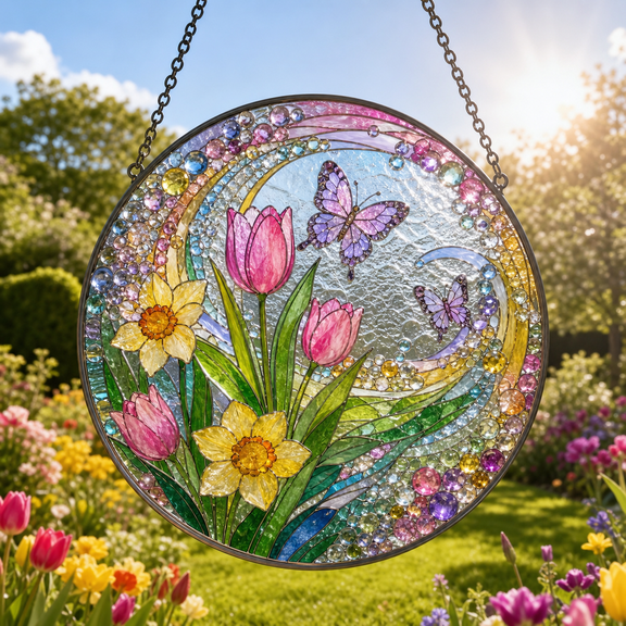 Spring Garden Stained Glass Suncatcher Window Hanging Gift for Mom or Garden Lovers